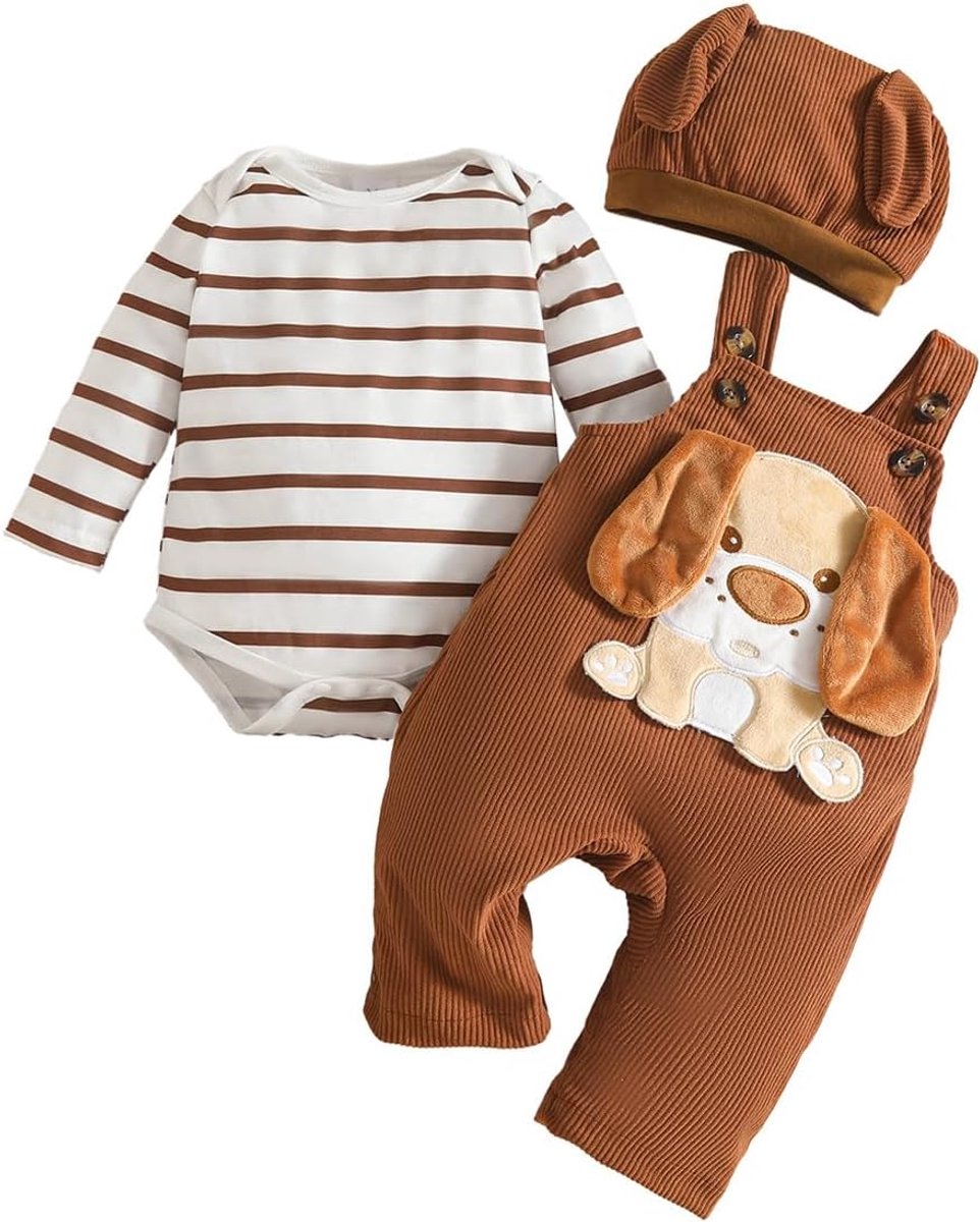 SnelShoppen - Babykleding jongens lange mouwen gestreept bovenstuk met dinosaurus-print, overall met verstelbare bretels, comfortabel en trendy voor e
