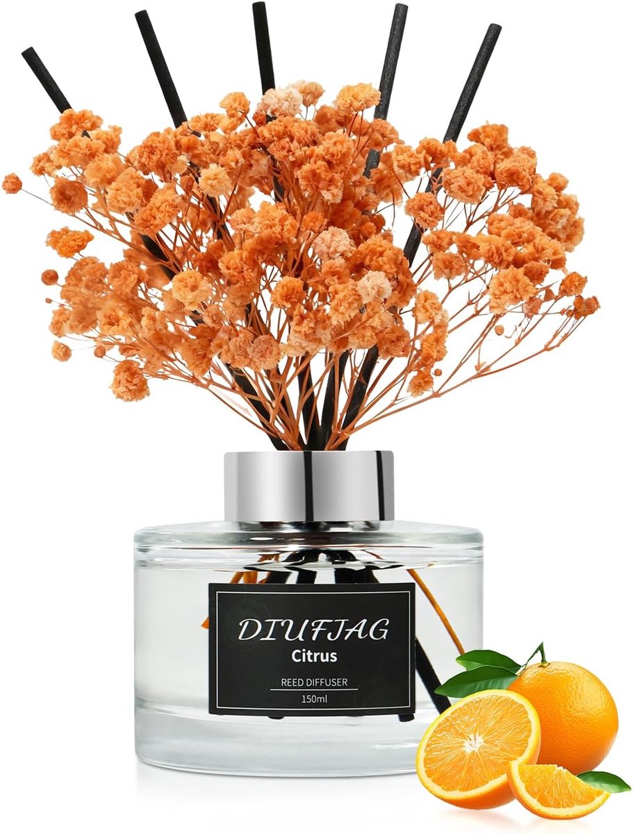 SnelShoppen - Bloemen 150 ml Citrus Kamergeur Geurstokjes met 8 Stokjes, Luchtverfrisser voor Slaapkamer, Kantoor, Badkamer, Plank Decoratie, Oranje R