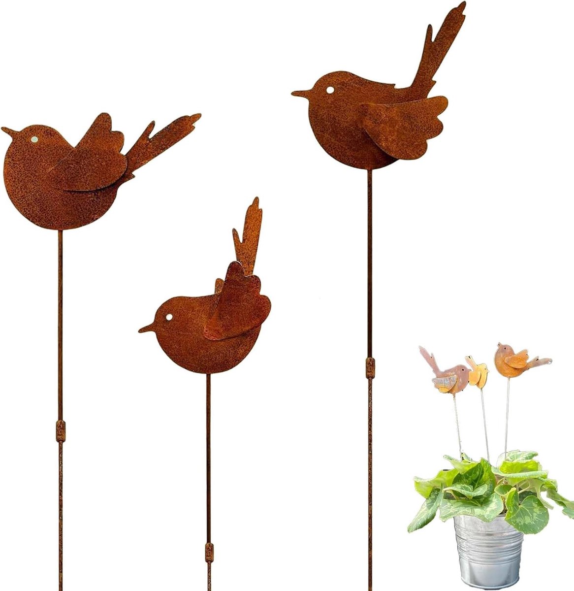 SnelShoppen - Set van 3 roestige vogels als tuindecoratie voor buiten, weerbestendige metalen tuinpinnen met roestpatina voor balkon, terras en tuin