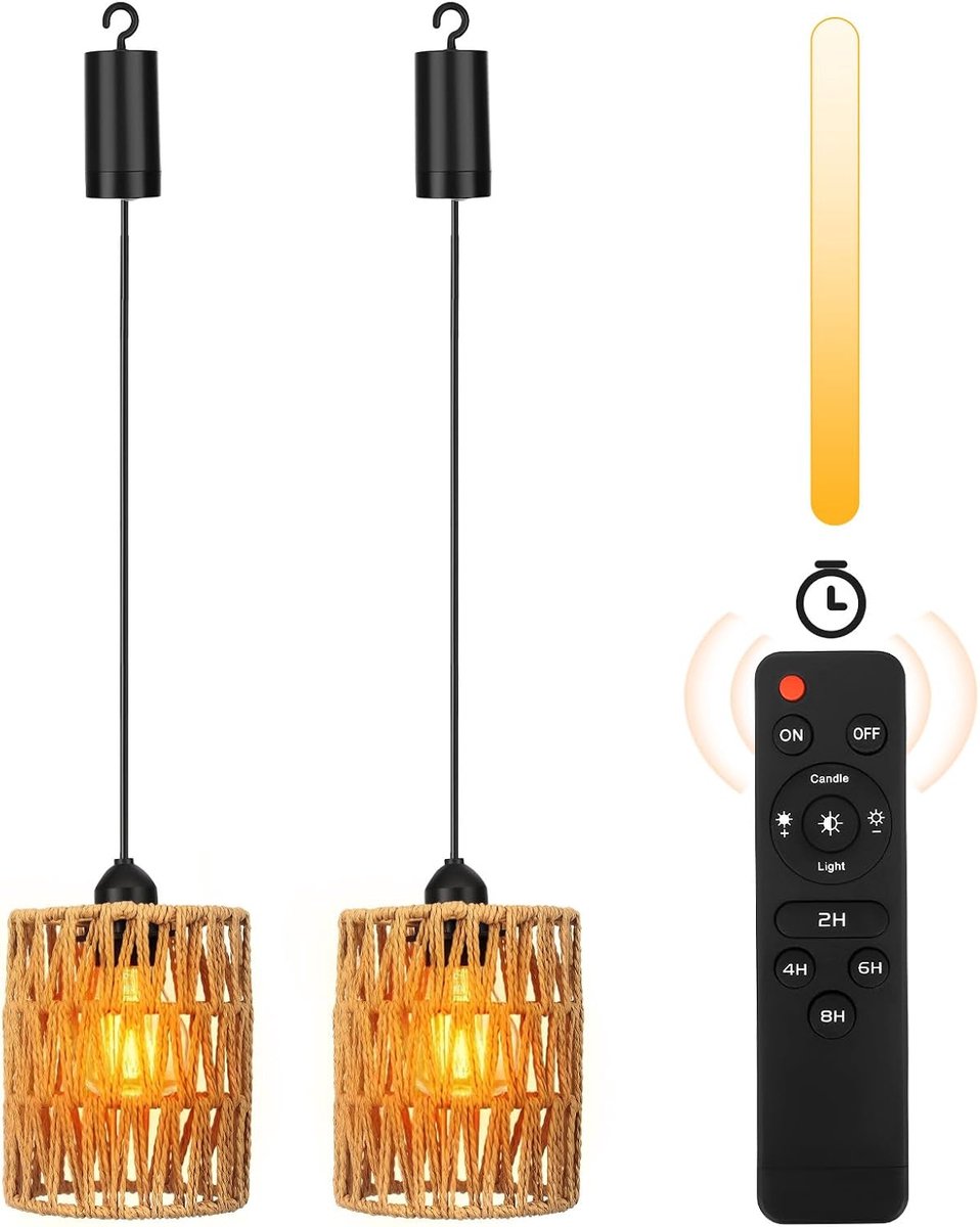 SnelShoppen - 2 stuks hanglampen rotan boho vintage lamp met batterij, afstandsbediening, outdoor hanglamp voor tuin, patio, bar, terras, woonkamer, s