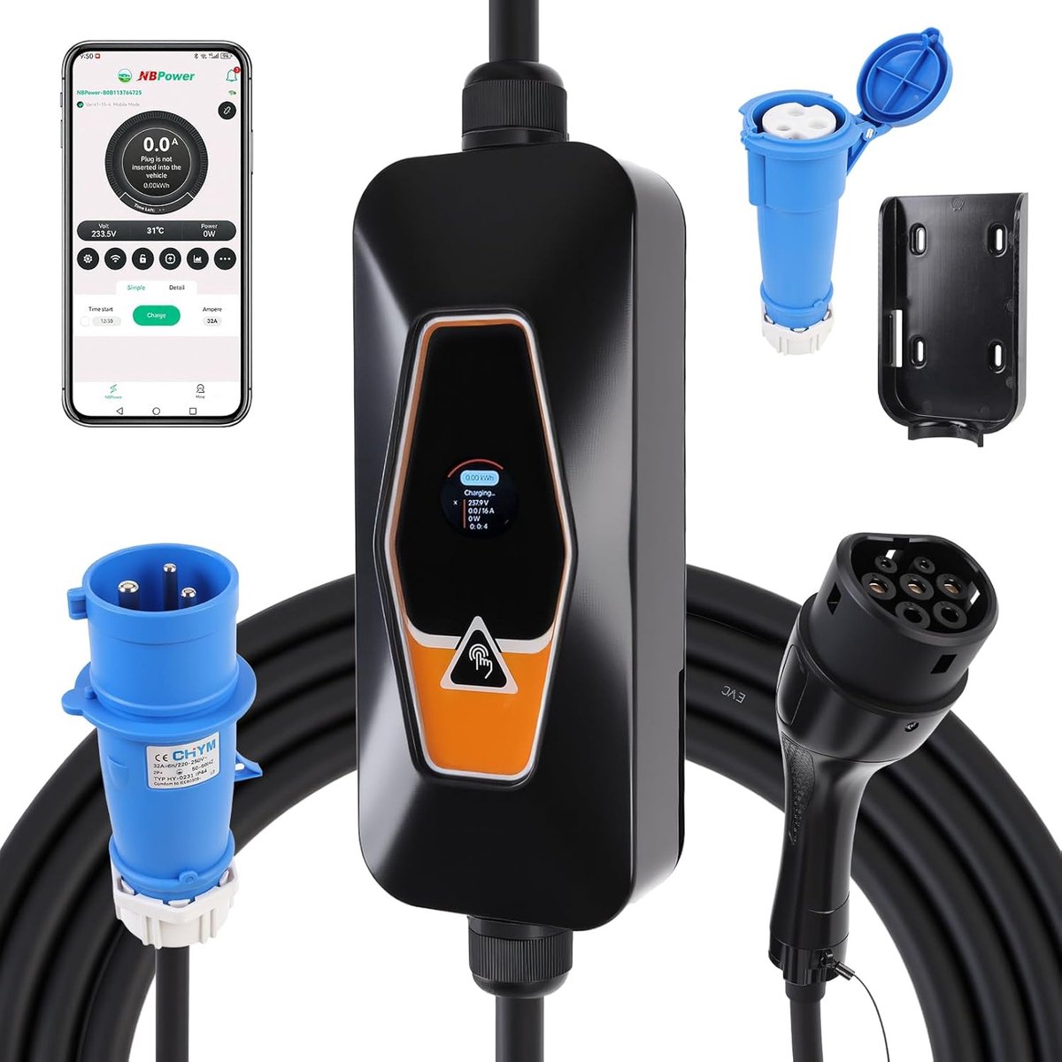 SnelShoppen - Type 2 EV Charger 7 kW, 6-32 A Instelbaar, 5 m Oplaadkabel, 3-fase Mobiele Wandbox met App Controle voor Thuis en onderweg