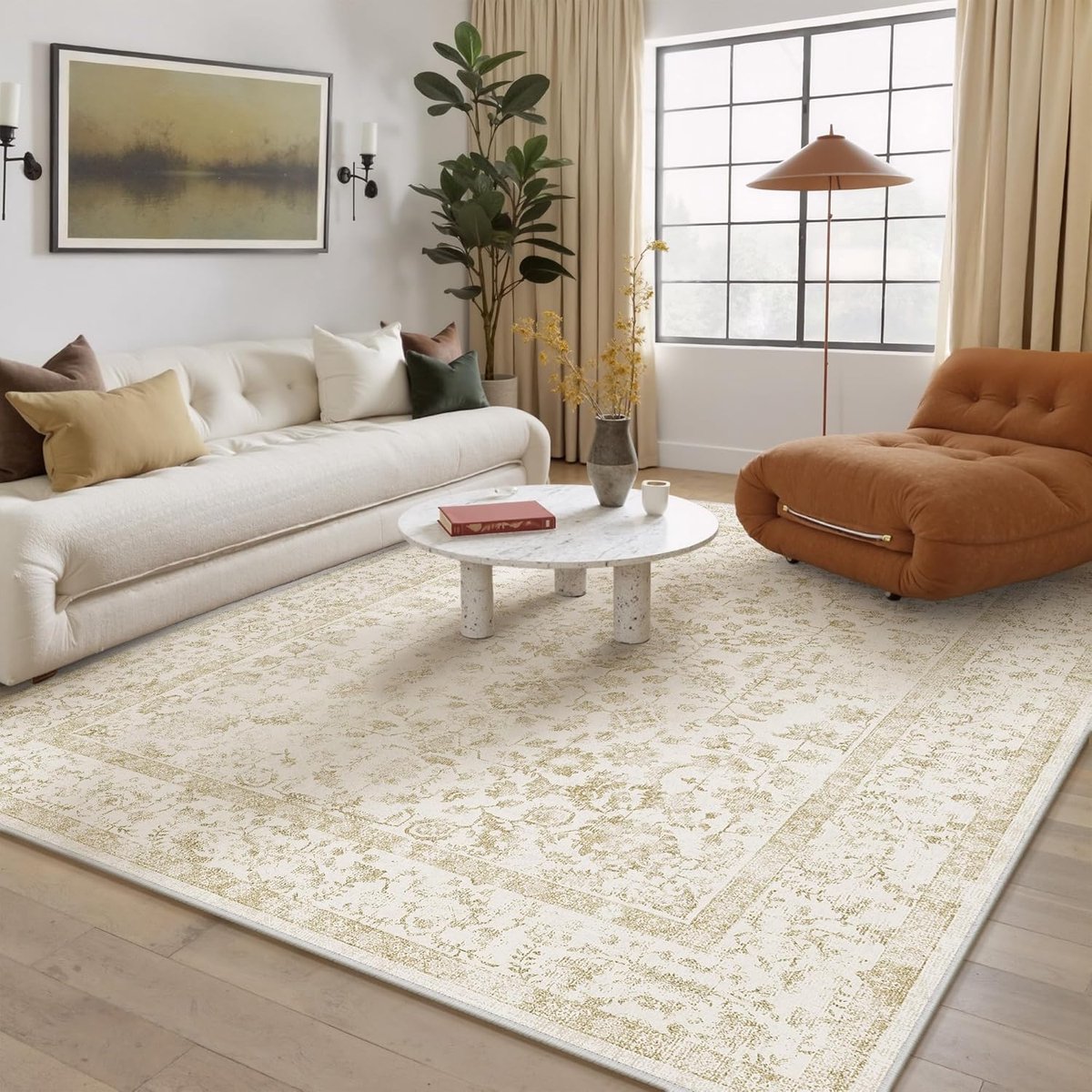 SnelShoppen - Wasbare Vintage Tapijt met Distressed Bloemen, Antislip Rug voor Woonkamer, Slaapkamer, Kantoor, Eetkamer, 160 cm, Machinewasbaar, Licht