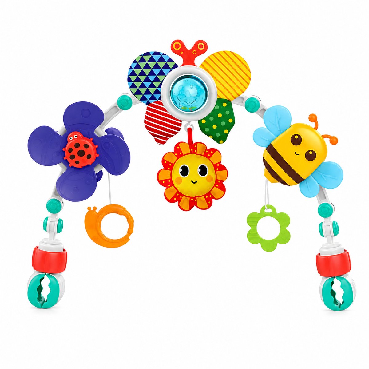 Jojoy – Universele Speelboog Baby – Verstelbare Speelgoedboog voor Kinderwagen, Autostoel & Wieg – Met Sensorisch Speelgoed & Bijtring – Bij – 73.7 cm – ARCBABY
