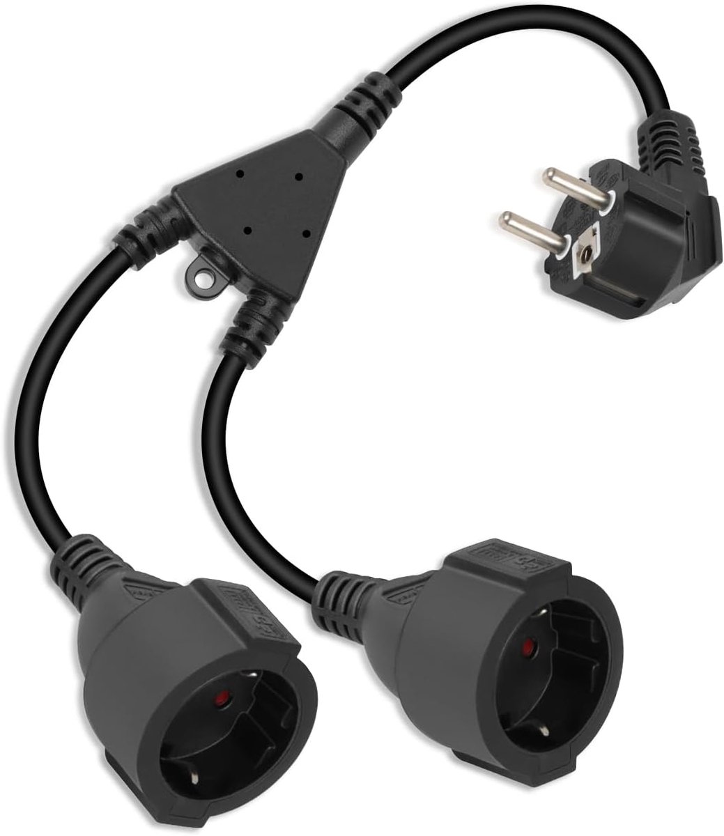 SnelShoppen - 90 Graden Stekker naar Dubbele Stopcontact, Geaarde Aansluiting, Vochtbestendige Buitenstekker, 16A/250V, Zwart, 1-in-2, Voor Thuis en K