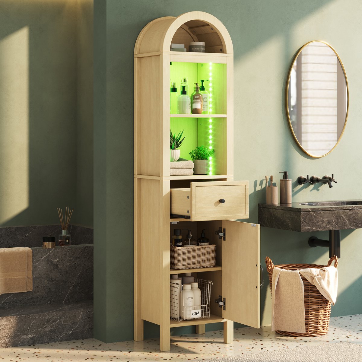 OKWISH Badkamer Hoogkast Met Ledverlichting En Omkeerbare Deur Met Lade En Verstelbare Planken MDF Naturhoutkleur 40x30x163 Cm
