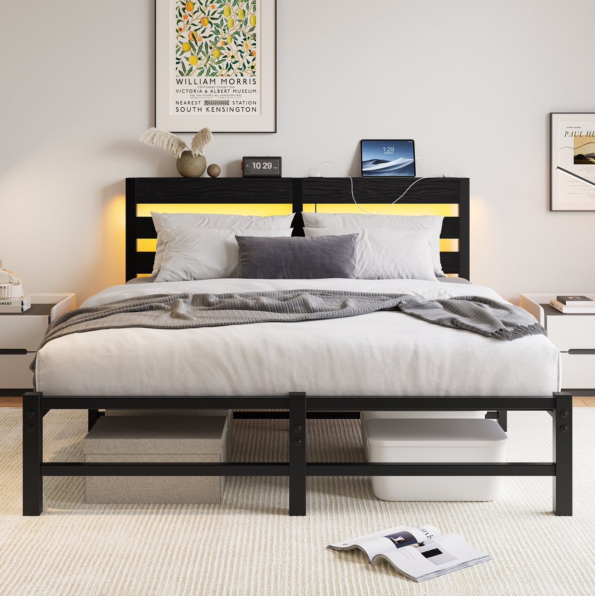 DESMIU Bedframe 140x190 cm Zonder Matras Led Verlichting En Usb Oplaadstation Opbergruimte Onder Het Bed Voor Volwassenen Metaal Zwart