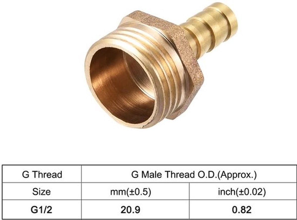 Messing geribbelde fitting - Slangadapter - 8 mm x G1/2 - 5 stuks - Waterdichte afdichting - Geschikt voor flexibele slangen - Goudkleurig