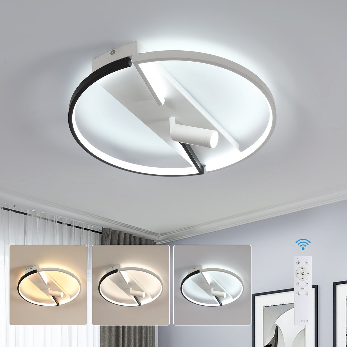 Riserva LED Plafondlamp modern minimalistisch rond zwart‑wit, aluminium 42W traploos dimbaar 3000‑6500K met afstandsbediening Ra80, voor woonkamer slaapkamer keuken