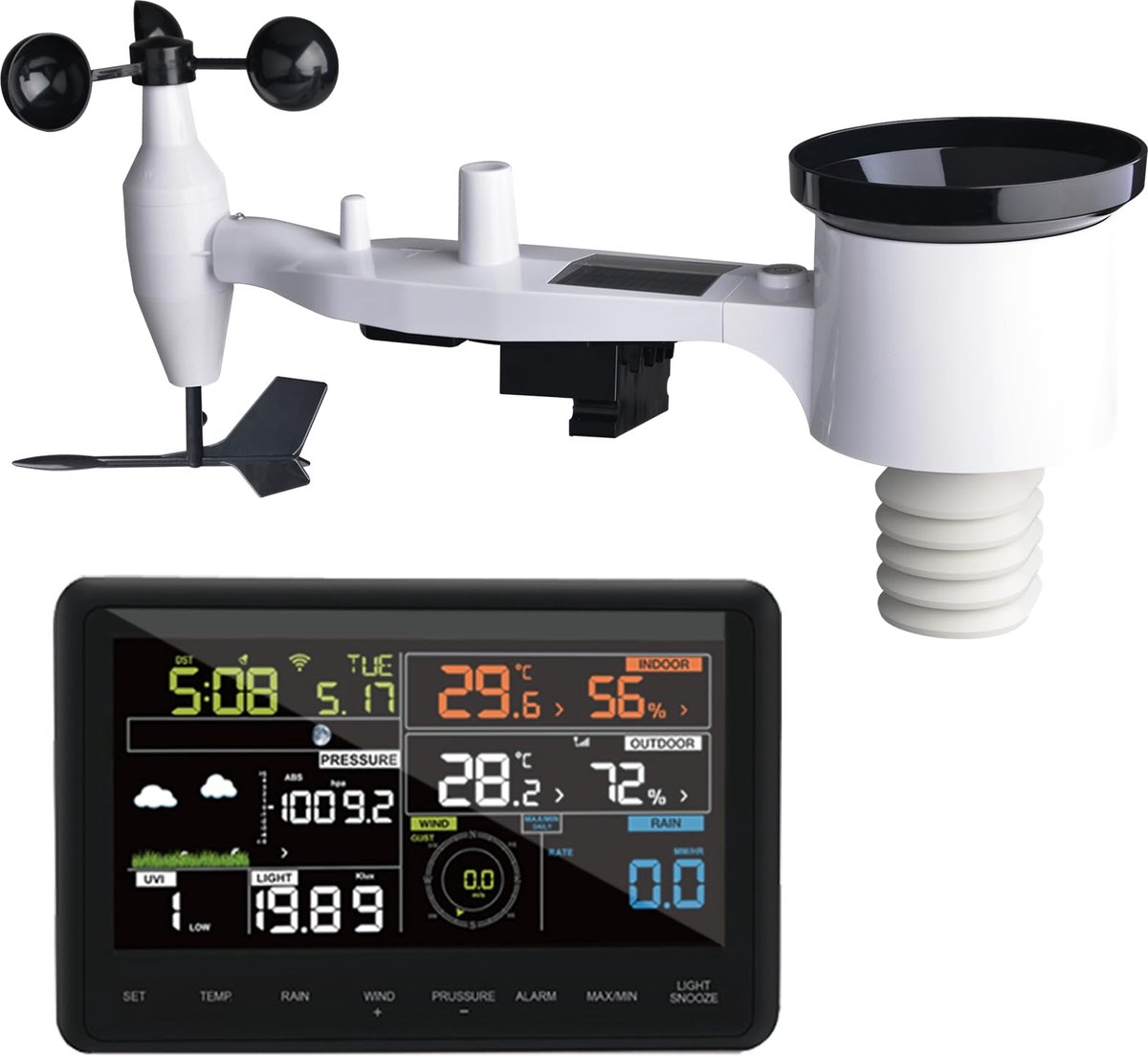 Weerstation 7-in-1 – WiFi & Solar – Draadloze Buitensensor – Kleurenscherm – Regen, Wind, UV & Temperatuur