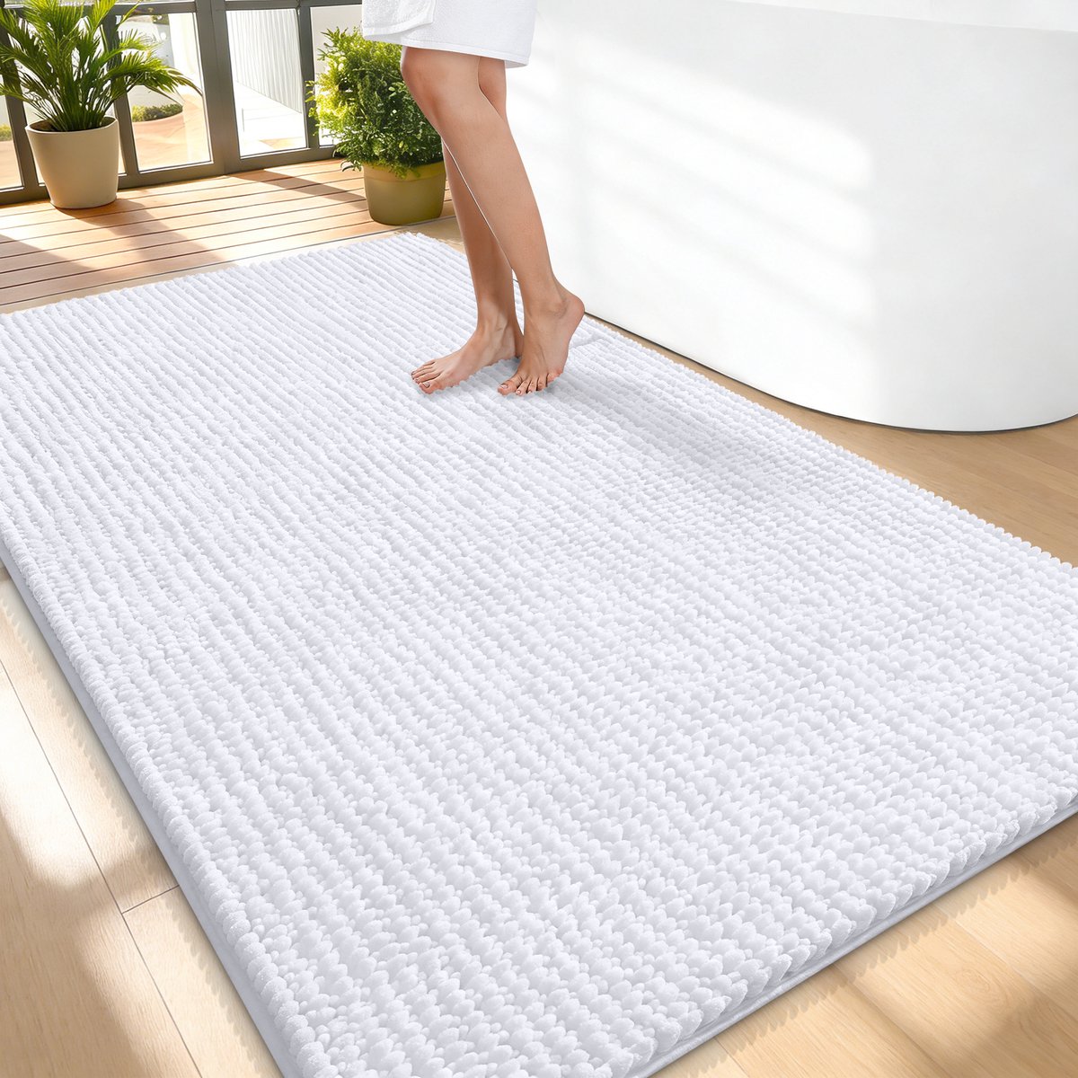 Olanly Badmat Antislip – Chenille Douchemat – Badmat Badkamer – Super Absorberend Deuropmat – Wit – 89X150cm