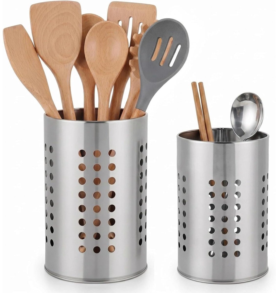 longziming -Keuken Utensiliënhouder RVS 2 Stuks - Bestekhouder met Afvoergaten - Kookgerei Organizer voor Lepels, Spatels, Kloppers en Tangen - 18 en 16,5 cm - Zilver