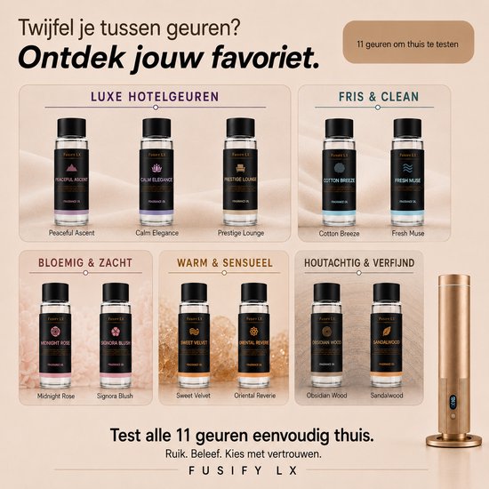 Acht geuren voor de FUSIFY LX geurverspreider, verdeeld in LUXE HOTELGEUREN, FRIS & CLEAN, BLOEMIG & ZACHT, WARM & SENSUEEL, HOUTACHTIG & VERFIJND.