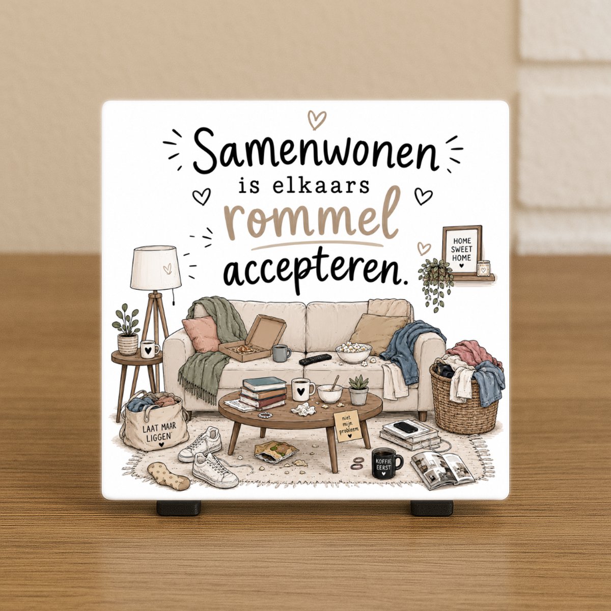 CreaCraft Spreuktegel “Samen wonen is elkaars rommel accepteren” - Woondecoratie – Cadeau tegeltje – Trendy nu – Vriend(in), Collega, familie – Zomaar – Cadeau – Incl standaard – Wenstegeltje – Cadeau idee