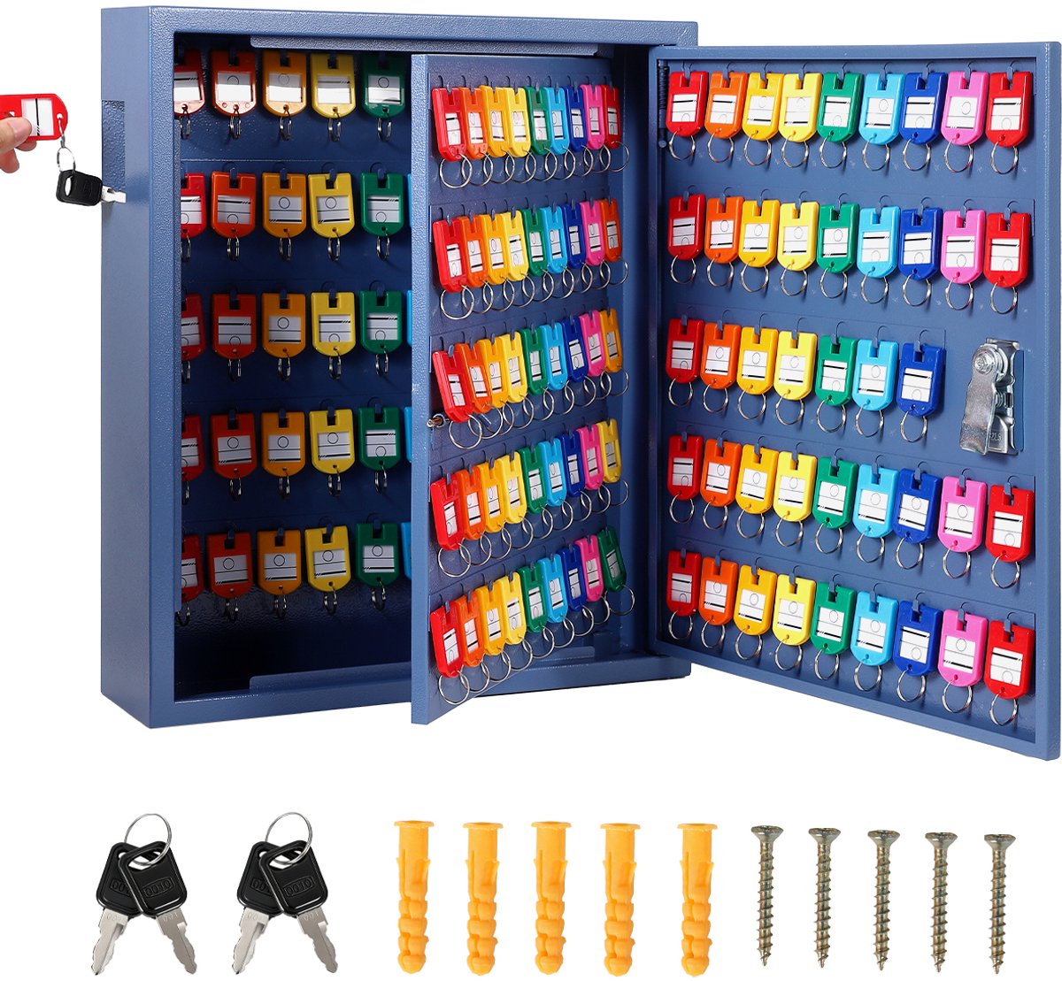 HoerFuriy - Wandgemonteerde Sleutelkast Met Slot - Zware Stalen Sleutelopbergkast - Genummerde Haken En Gekleurde Sleutelhangers - Blauw 133 Hooks