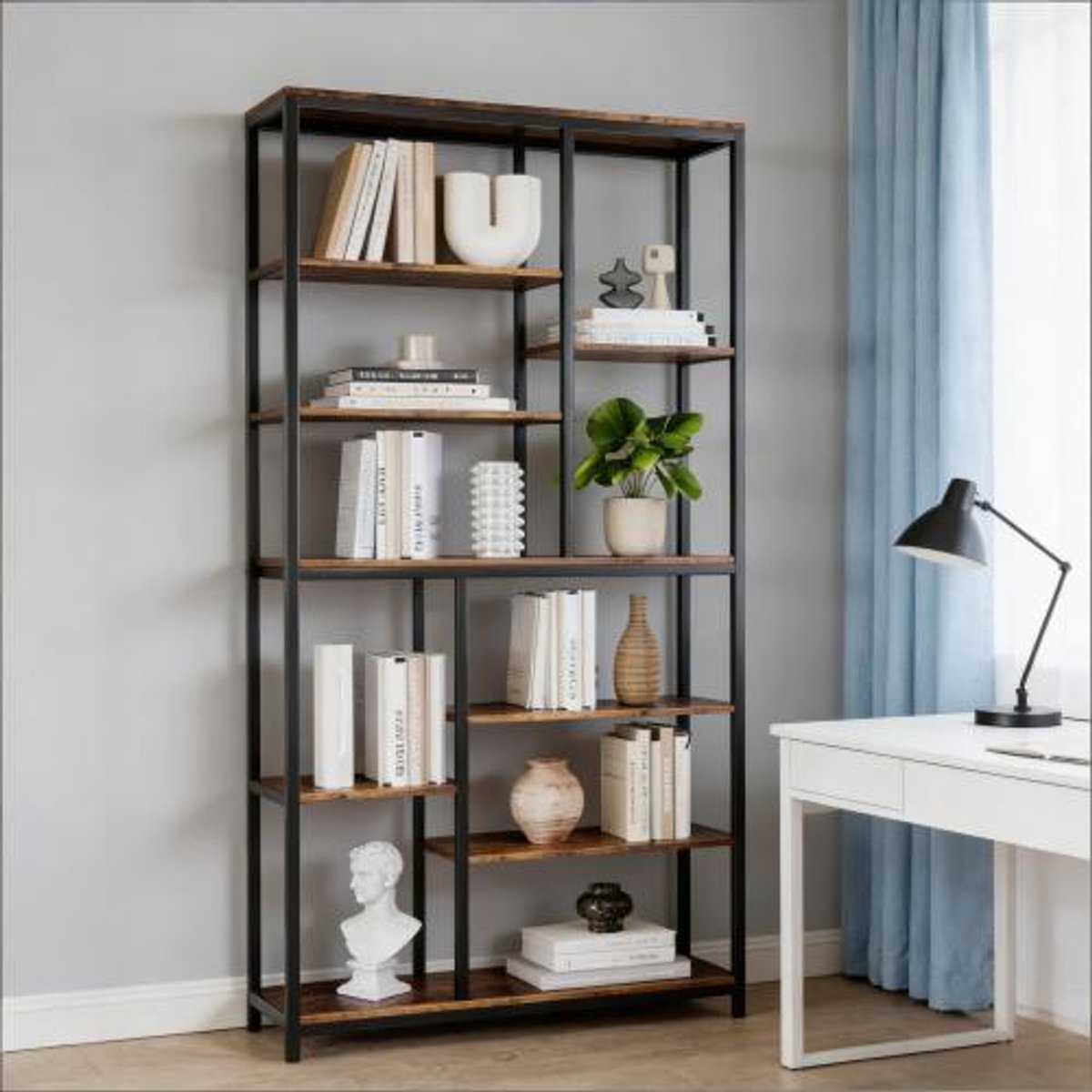 Wishdor Boekenkast - Hoog open rek - Industrieel design - Metalen frame - Rustiek bruin en zwart - Voor woonkamer, balkon en leeshoek - 100 x 30 x 200 cm