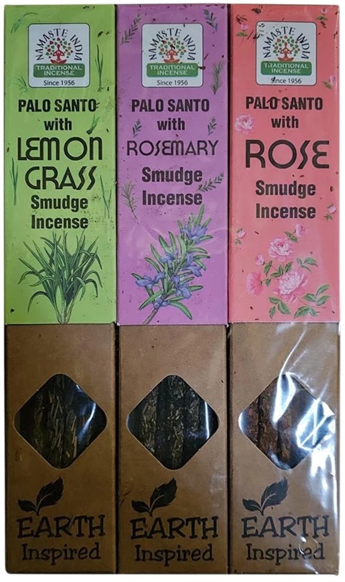 Namaste India Palo Santo Wierook Set - Assorti Pakket met Citroengras, Rozemarijn en Roos - 3 Doosjes Smudge Incense - Earth Inspired - Natuurlijke Wierookstokjes voor Meditatie, Ontspanning en Aromatherapie Met Kajal Sticker