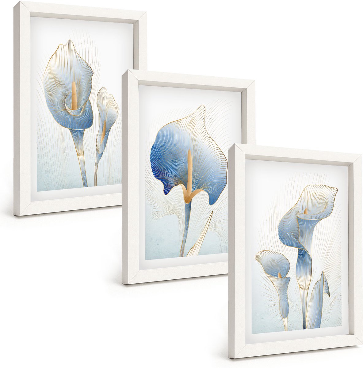 Wallfluent 3-Delige Schilderij Set - Fijne Blauwe Bloemen Op Een Lichte Achtergrond - 20 x 30 - Moderne Wanddecoratie - Slaapkamer