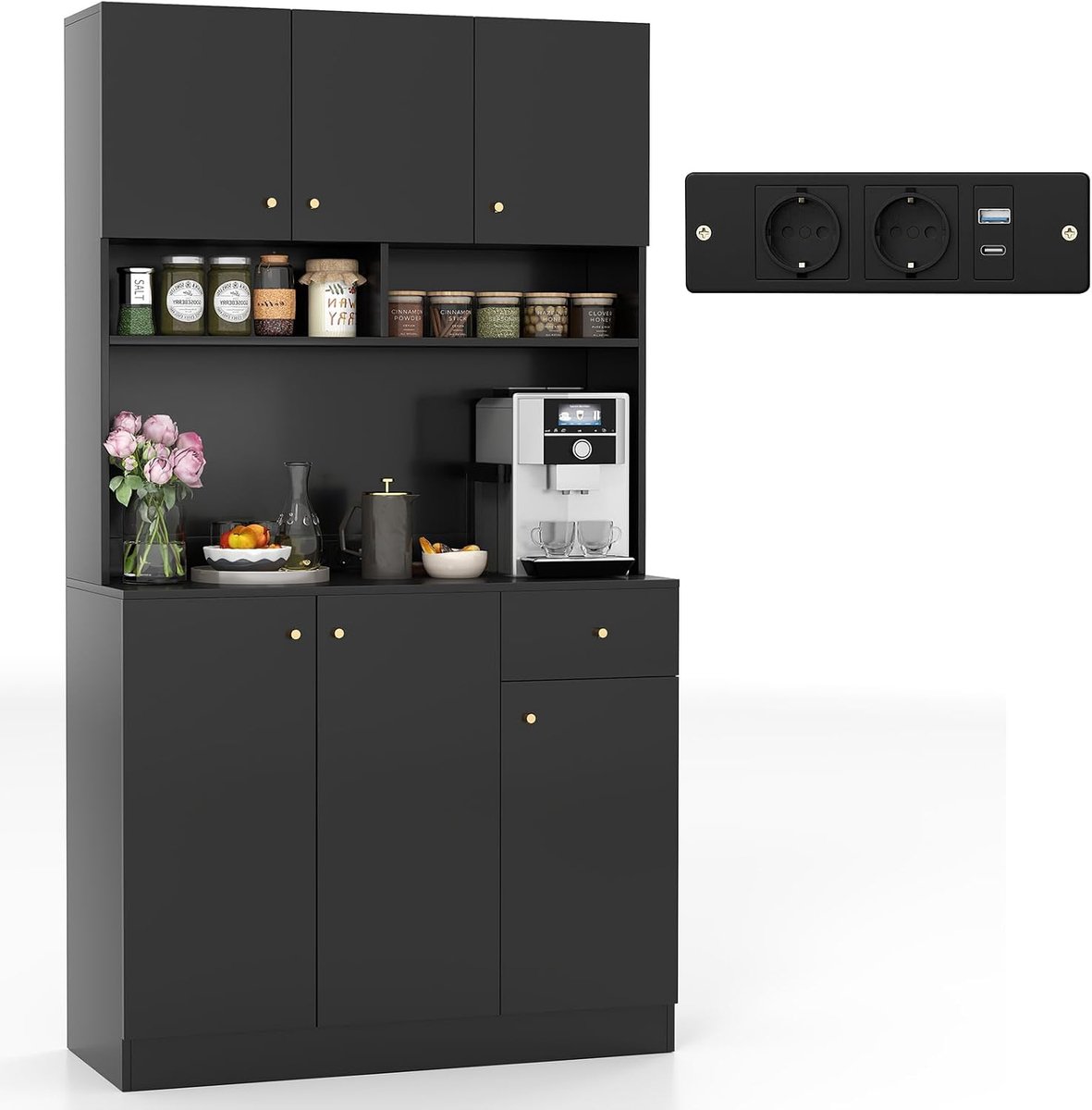 COSTWAY Keukenkast Hout, Buffetkast met Stopcontacten & USB-aansluitingen & Type C, Hoge kast met verstelbare planken, Opbergkast voor Keuken Woonkamer, 100 x 40 x 181 cm, Zwart