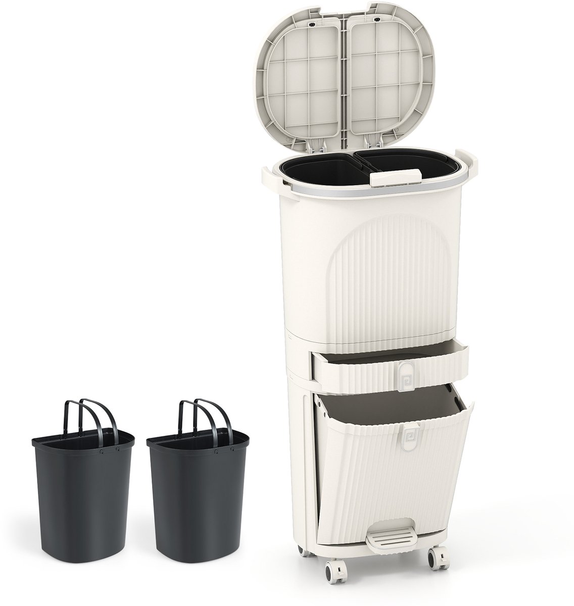 COSTWAY Vuilnisemmer keuken, afvalscheidingssysteem, 3 vakken, 2 x 12 l binnenemmer en 14 l pedaalemmer met wielen, lade, dubbel deksel, pedaal en haken, pedaal voor keuken, badkamer, kantoor (beige)