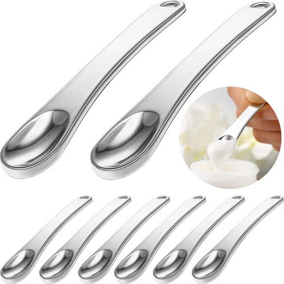 8-delige huidverzorgingsspatelset - Metalen make-upspatel - Cosmetische applicator - Mini beautylepel - Menglepel voor crèmes/maskers - Geschikt voor gezichtscosmetica, maskers, crèmes, lotions en moisturizers - Zilver
