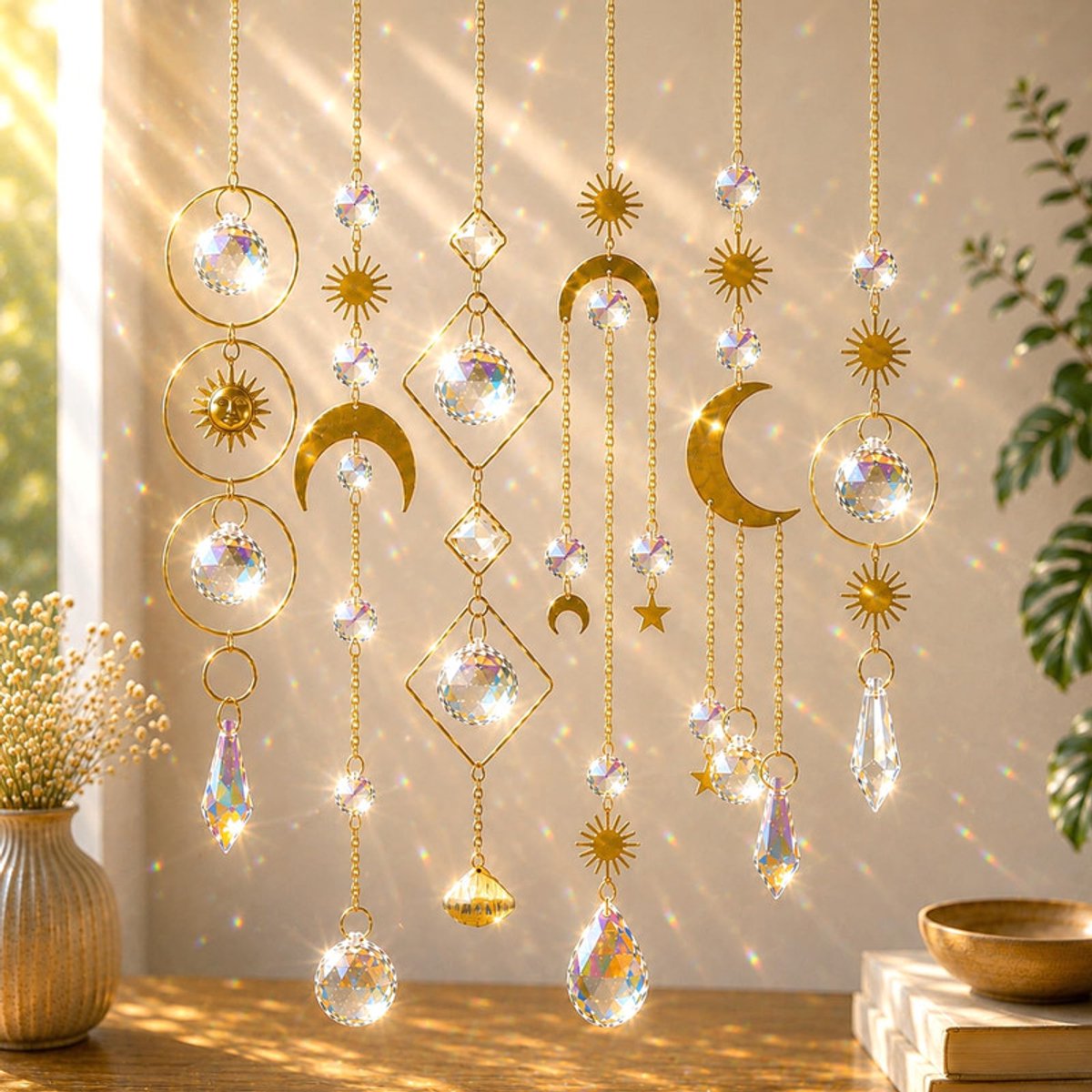 Kristallen Zonvangers Set van 6 - Hangende kristallen bollen met ketting en prisma's - Regenboogeffect en lichtreflecties - Raamdecoratie voor huis, kantoor en tuin
