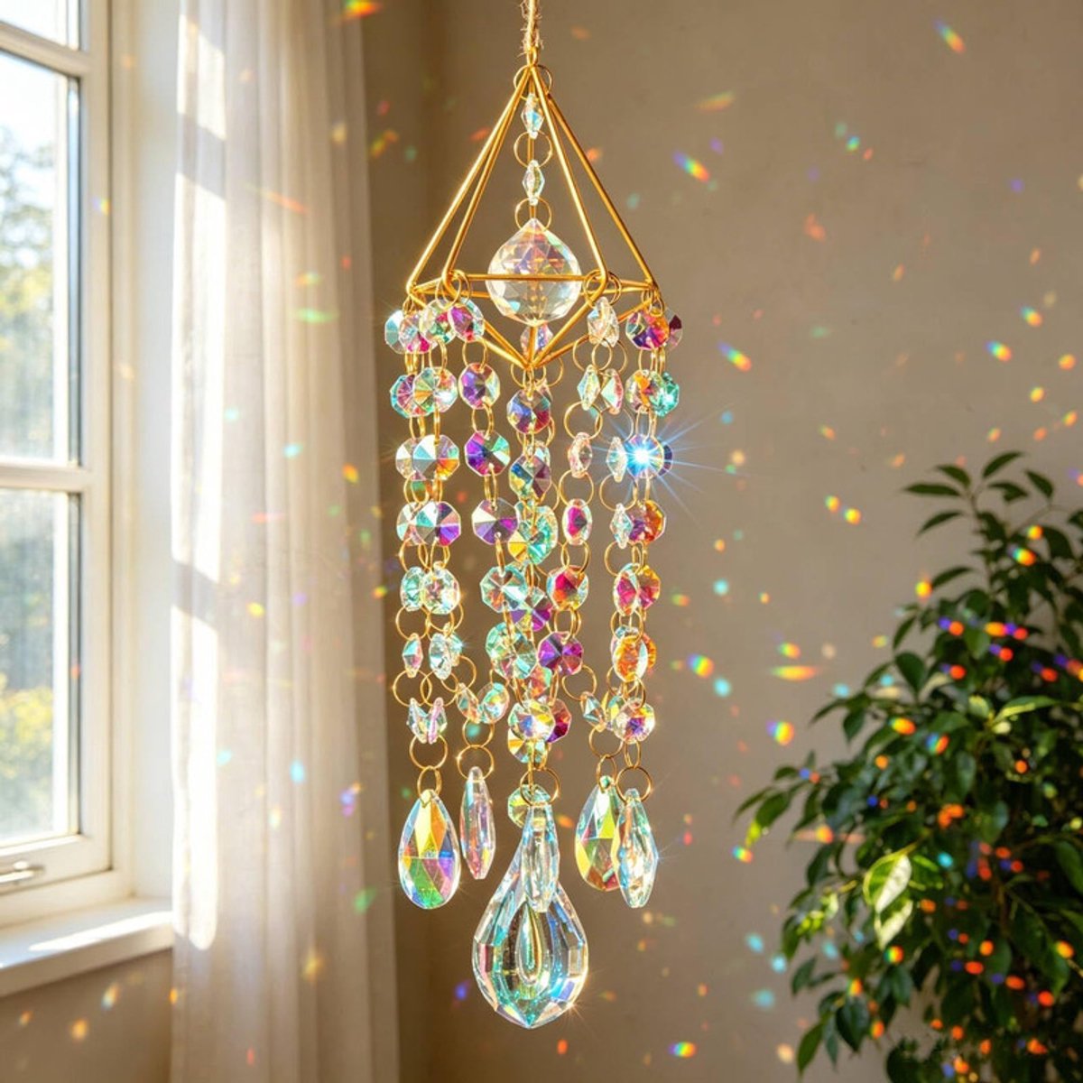 Kristallen zonnevanger met windgong - Handgemaakt met vergulde metalen houder en K9-prisma's - Regenboogeffect met glazen kralen - 55 cm hangende raamdecoratie voor huis, kantoor en tuin