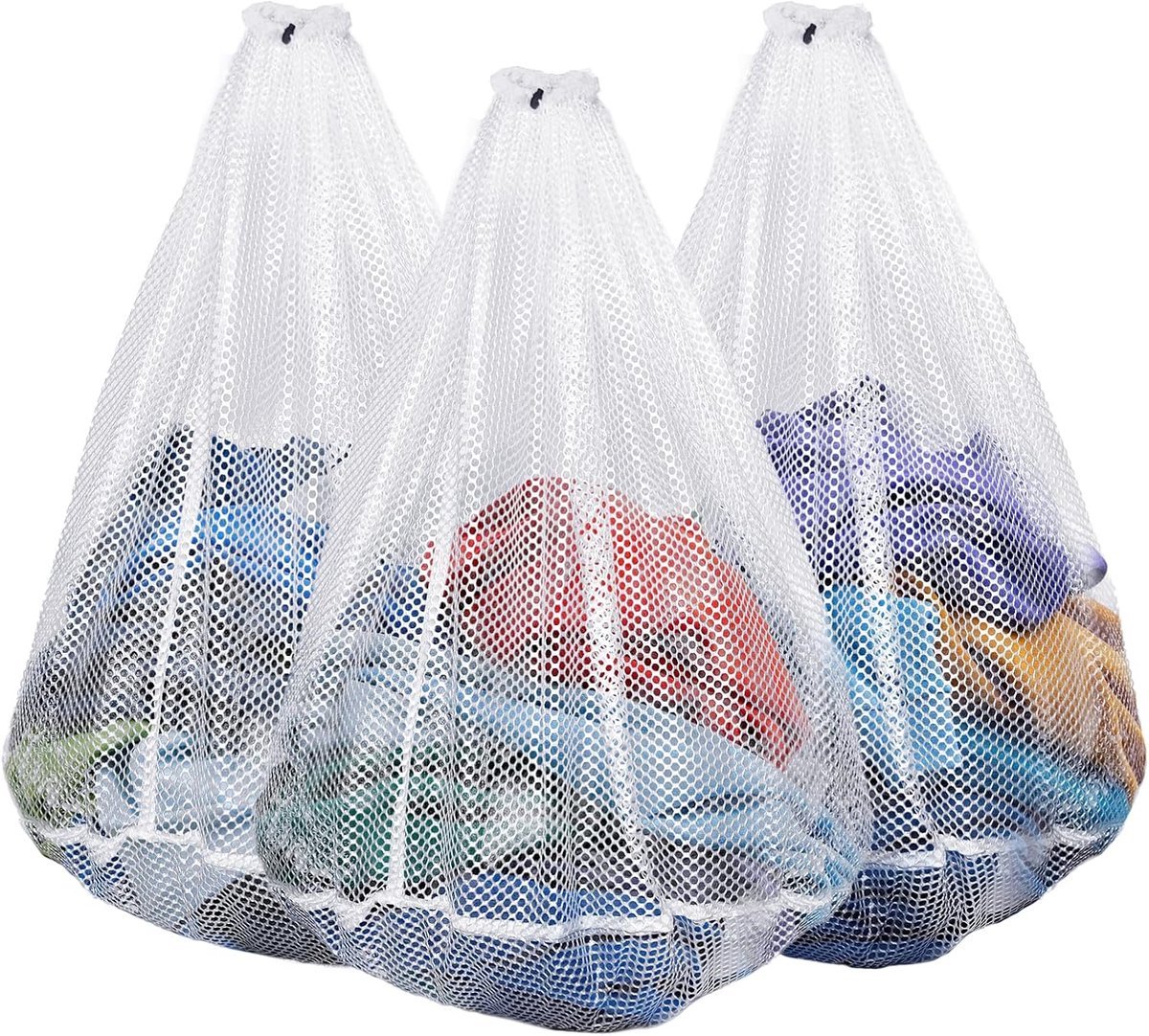 3 waszakken - Waszakken met trekkoord - Geschikt voor machinewassen en bewaren - Afneembare zakken - Grofmazig - Dikke waszakken - 50x60 cm