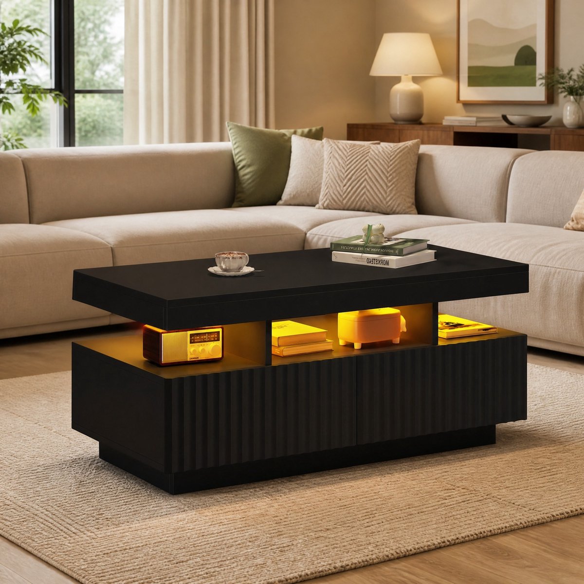 REDOM - Salontafel - 2 lades - Open vak met LED-verlichting - Modern - Woonkamer - Spaanplaat - Zwart - 100 x 50 x 45 cm