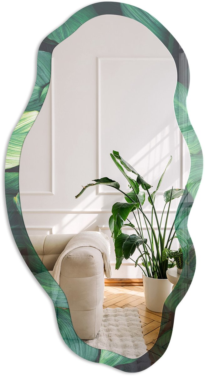 Coloray Groene Bladeren Spiegel - Groen Rechthoekige Spiegel Met Modern Design - Organische Spiegel - Woonkamer - Fotografisch - 45x90 cm - Totale afmeting 52x97 cm