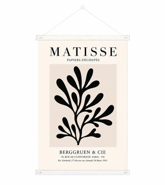 Matisse Papiers Découpés poster met zwarte, abstracte plantvorm op crèmekleurige achtergrond.