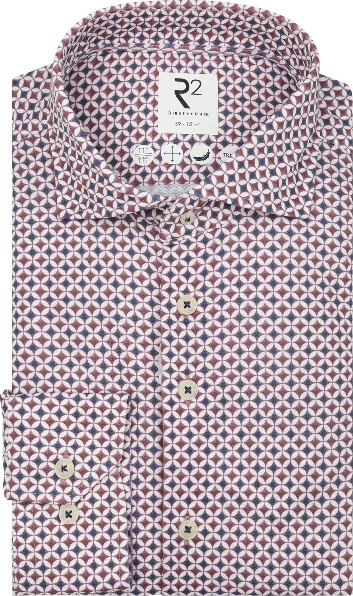R2 Overhemd Knitted Sorona Print Mauve - Maat 46 - Heren - Overhemden Formeel