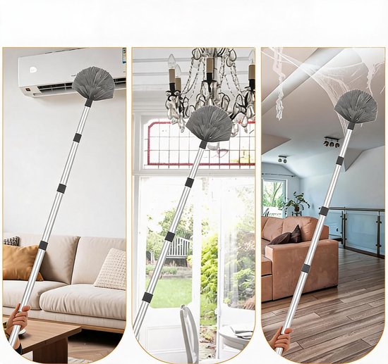 Grijze plumeau met telescopische steel wordt gebruikt om een airco, kroonluchter en spinnenwebben te reinigen.