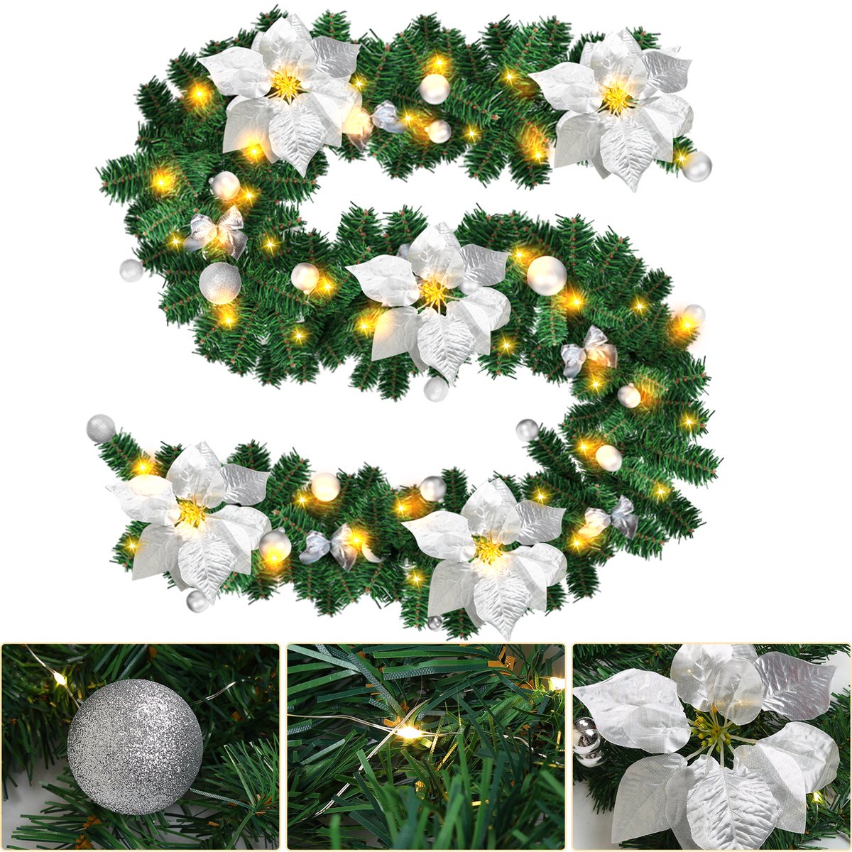 Kerstguirlande met verlichting 2,7 m - 50 led - zilver decor