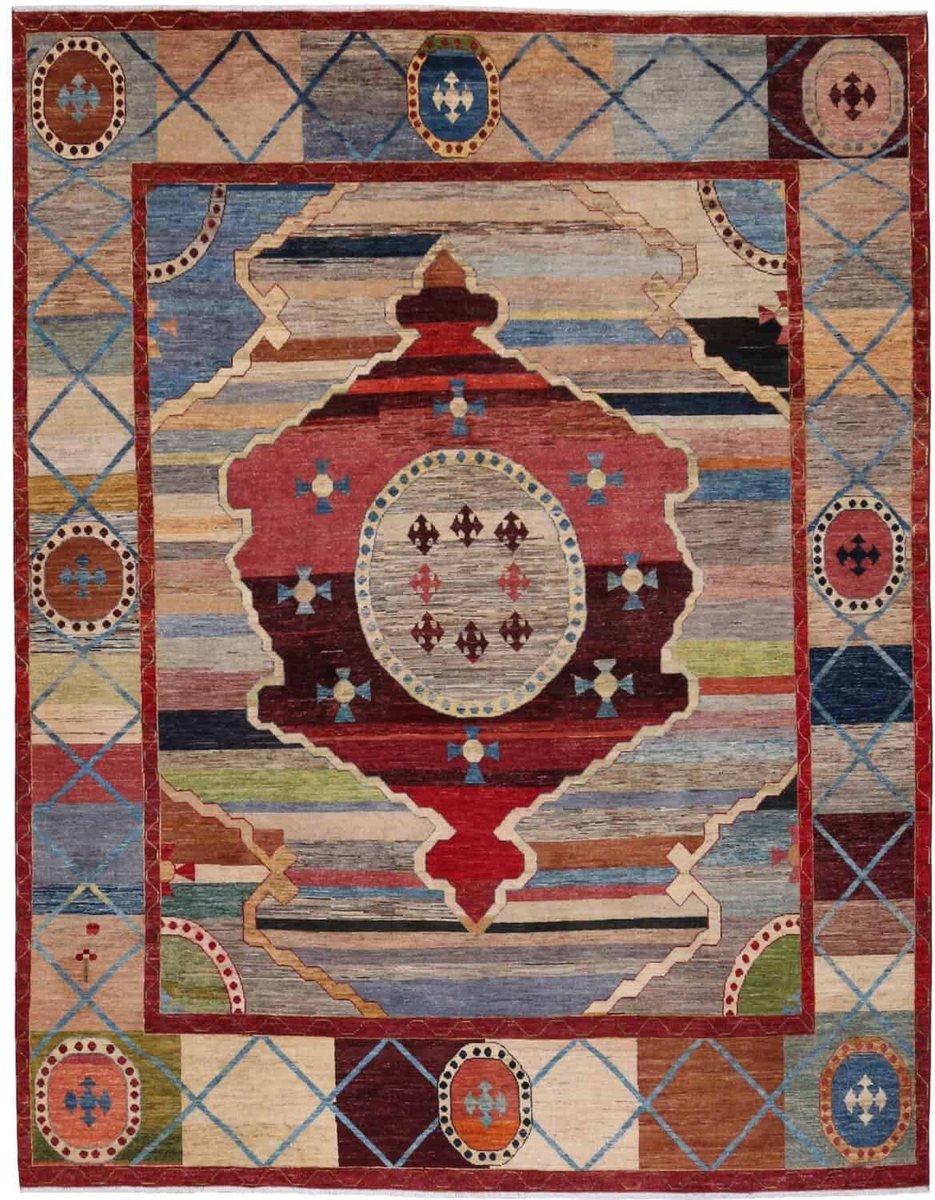 Met de Hand Geknoopt Geometrisch Medaillon Art Deco Wol Tapijt