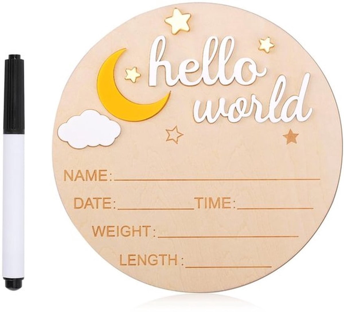 Geboorte Aankondigingsbord Houten - Welkomsbord - Naamplaatje - Babyshowerfoto Rekwisieten - Diameter 14,8 cm - Inclusief Schrijfpen