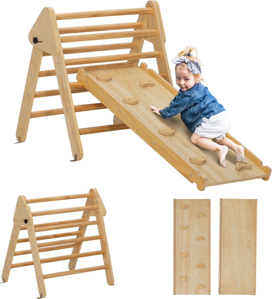 Houten klimtoestel voor kinderen met driehoekige ladder en dubbelzijdige helling - voor kinderen van 18 tot 48 maanden.