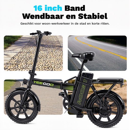 YEE GOO Elektrische fiets - Elektrische Vouwfiets - Opvouwbare fiets - 250 W Motor - 36V10.4AH Batterij - Verwijderbare Accu - Max. Snelheid 25 km/u - 30-45 km Actieradius - 16″ Banden - Dubbele Schijfremmen - geschikt voor woon-werkverkeer - Zwart — afbeelding 4