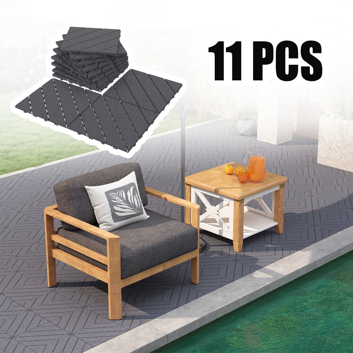 Froadp 11 stuks balkontegels in houtlook terrastegels 30x30cm decoratieve kunststof tegels voor terras kliktegels vloerbedekking balkontegel waterbestendig onderhoudsvriendelijk - 1m² antraciet schuin type