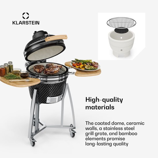 Klarstein Queensize kamado grill - om te grillen, slow cooking, roken of bakken, afneembare zijpanelen, materialen: keramiek, roestvrij staal, bamboe, thermometer van 0-450 °C, 3 wielen, zwart van Klarstein — afbeelding 2
