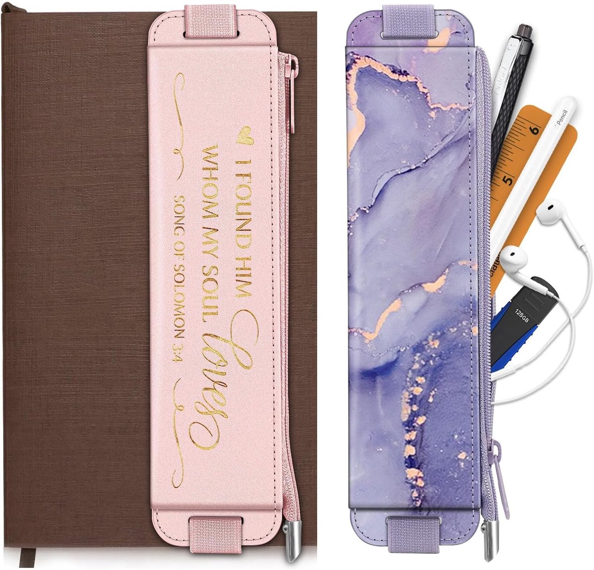 Pennehouder - Roze Goud & Marmer Paars - 20-28 cm - PU-materiaal met Elastische Band - Voor Schrijfwaren en Notitieboeken