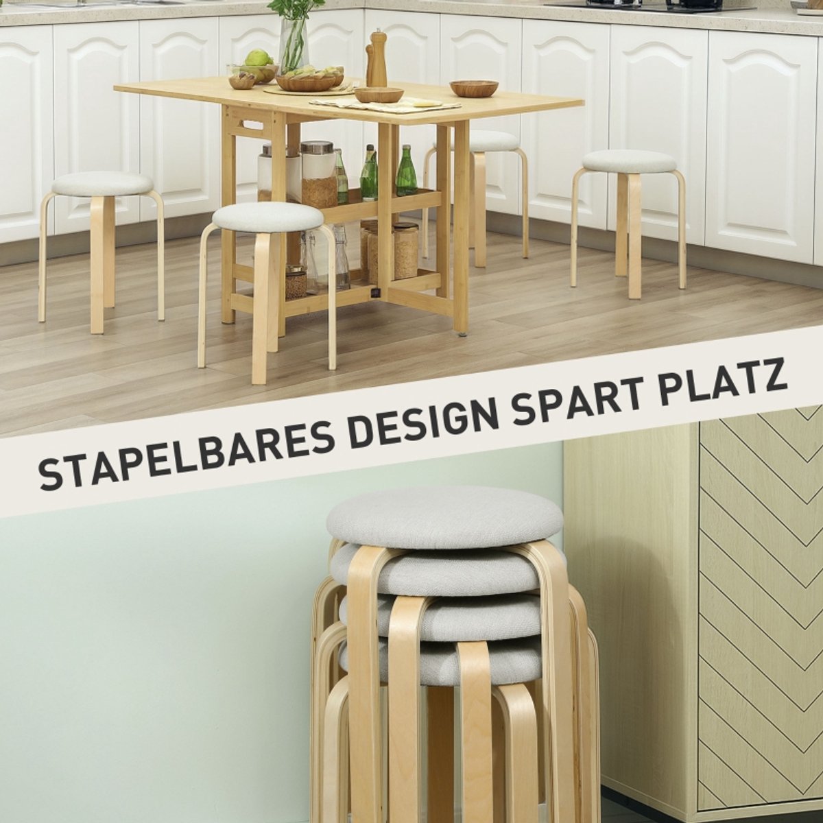 Clruro Eetkamerstoelen - 40x40x45 cm - 4 Stuks Stapelbaar - Gewatteerd - Linnenlook/Hout - Crèmewit
