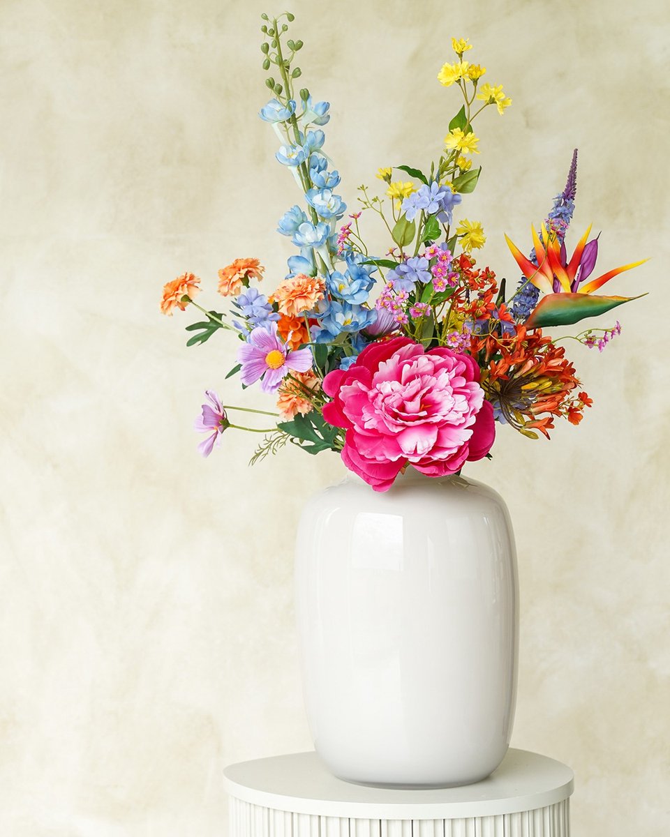 Fan of Flowers Zijden Boeket Fiera – Kunstbloemen Boeketten – Real Touch – 80 cm – Oranje & Kleurrijk Rood