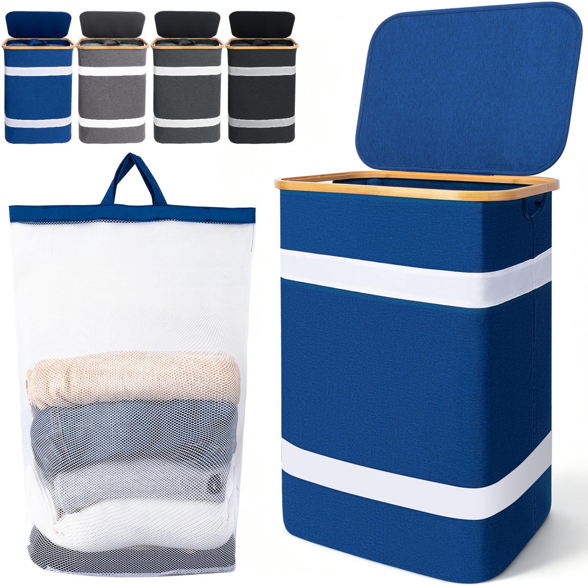 Soontrans - Wasmand - Wassorteerder met Deksel - 44x34x70cm - Uitneembare Waszakken - Bamboe-lijst - Afneembaar - 102L - Blauw