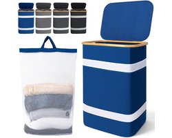 Soontrans - Wasmand - Wassorteerder met Deksel - 44x34x70cm - Uitneembare Waszakken - Bamboe-lijst - Afneembaar - 102L - Blauw