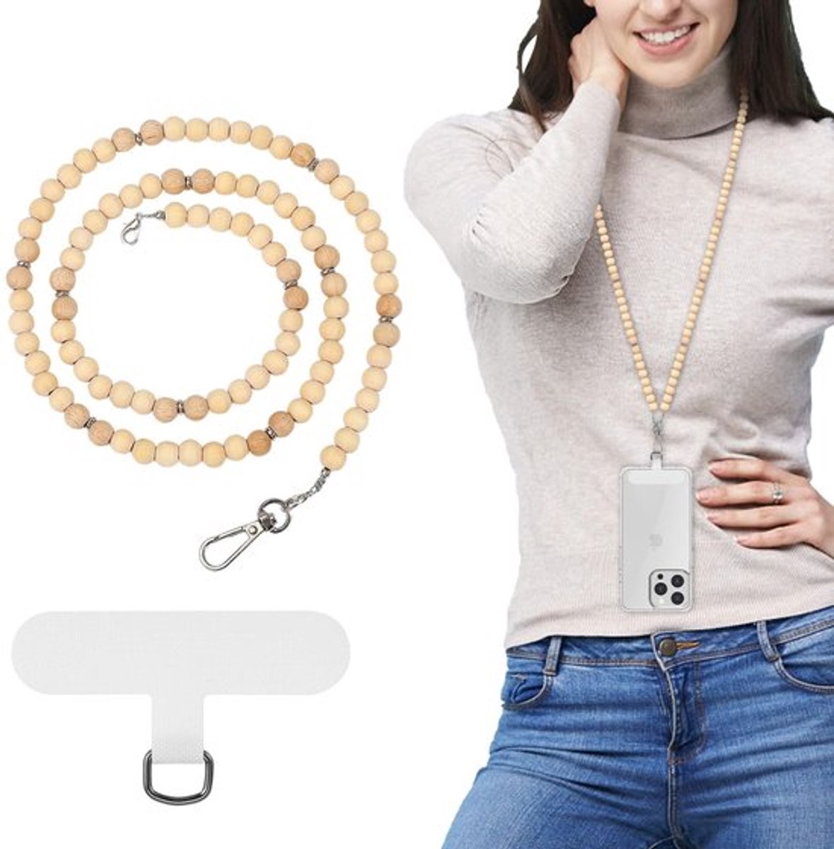 - Telefoon Lanyard - Beaded Lanyard - Anti-Diefstal en Afneembaar - Houtkleur - Smartphone Lanyard - Voor Vrouwen en iPhone