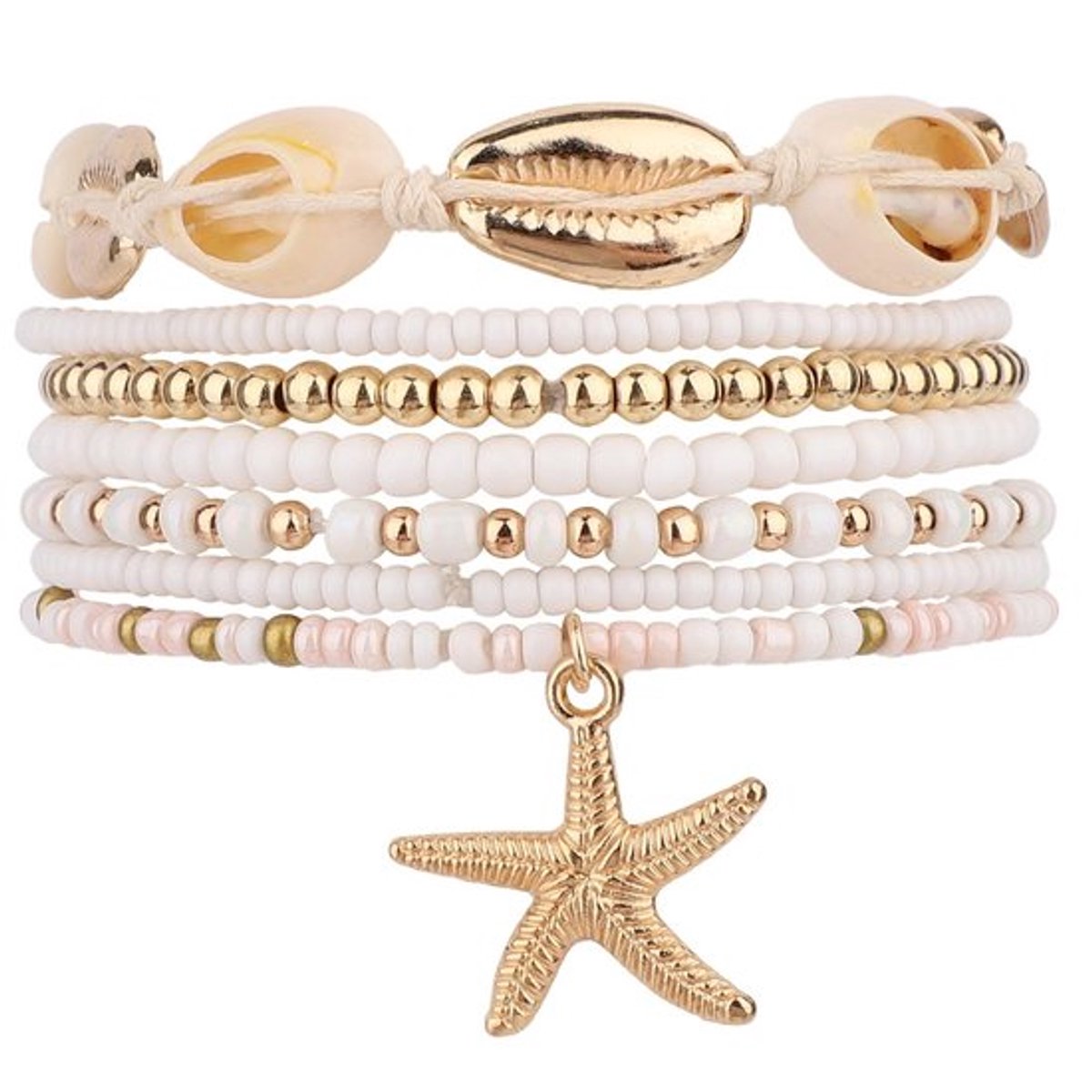 - Schelpen Enkelbandjes Set - Bohemien Stijl - 7-delig - Vrouwen - Kralen en Starfish - Zomeraccessoire - Strandlook