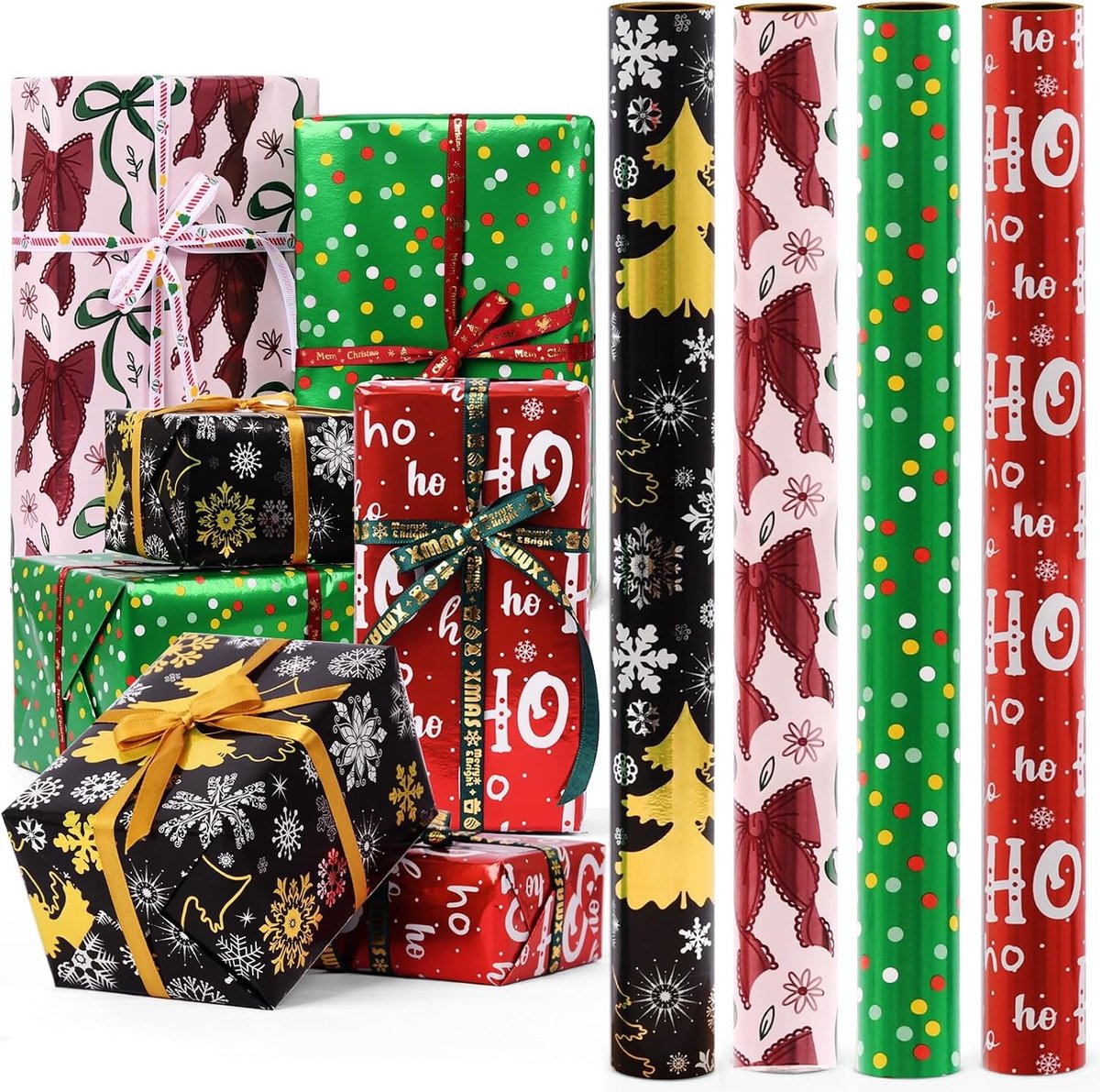 Set van 4 Rollen Goud Cadeau Inpakpapier 43cm x 3m voor Verjaardagen, Feestjes en Speciale Gelegenheden met Strik en Sterrenpatroon
