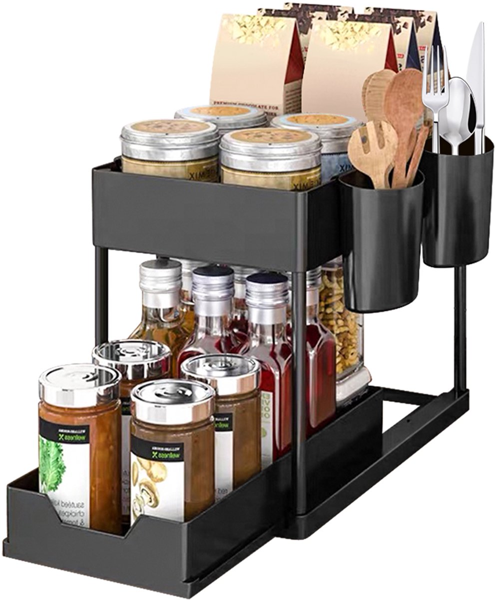 PIPIPOXER Gootsteenkast Organizer - Keukenkast Organizer- Dubbel Gootsteenrek - Aanrecht Organizer – Opbergrek - RVS- Keukenrek - Badkamer organizer - Zwart