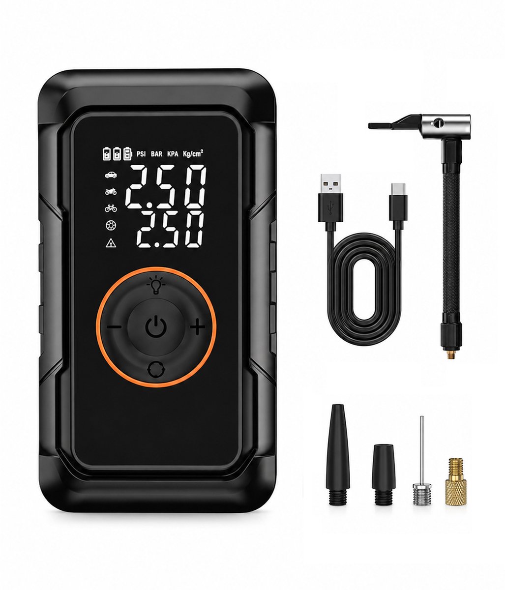 Gloovon Elektrische Fietspomp - Luchtcompressor - Tot 10.3 Bar - voor Fiets, Scooter, Motor en Auto - Elektrische Bandenpomp - Digitaal Display - Powerbankfunctie - Zwart