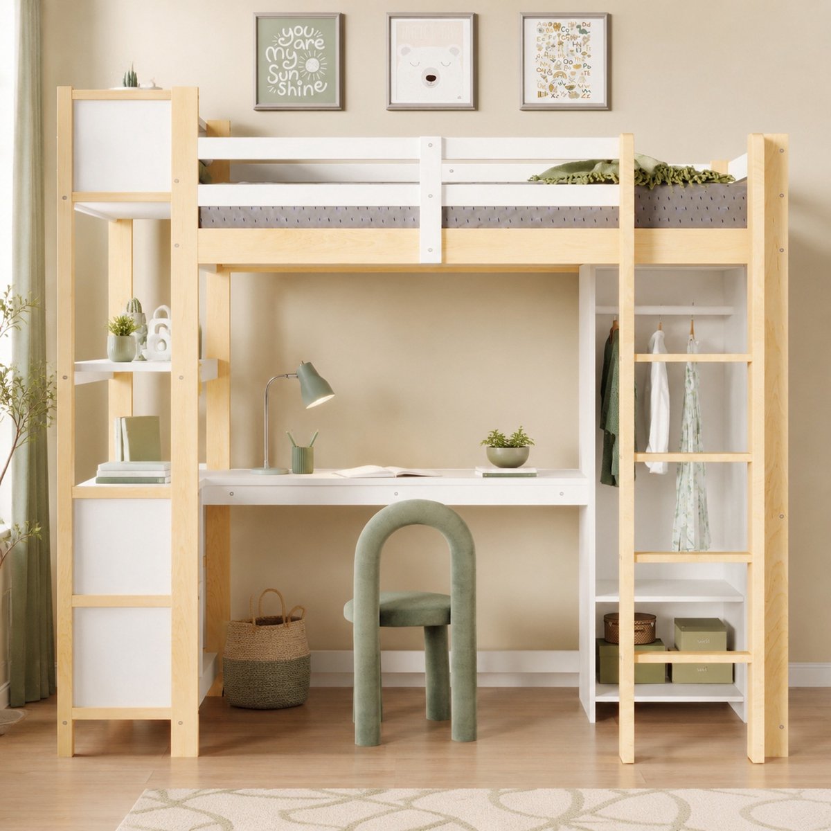 Wishdor Hoogslaper 90x200 cm - Bureau opbergruimte kledingkast - Met trap en uitvalbeveiliging - Minimalistisch - Kinderkamer slaapkamer - Hout MDF - Naturel wit